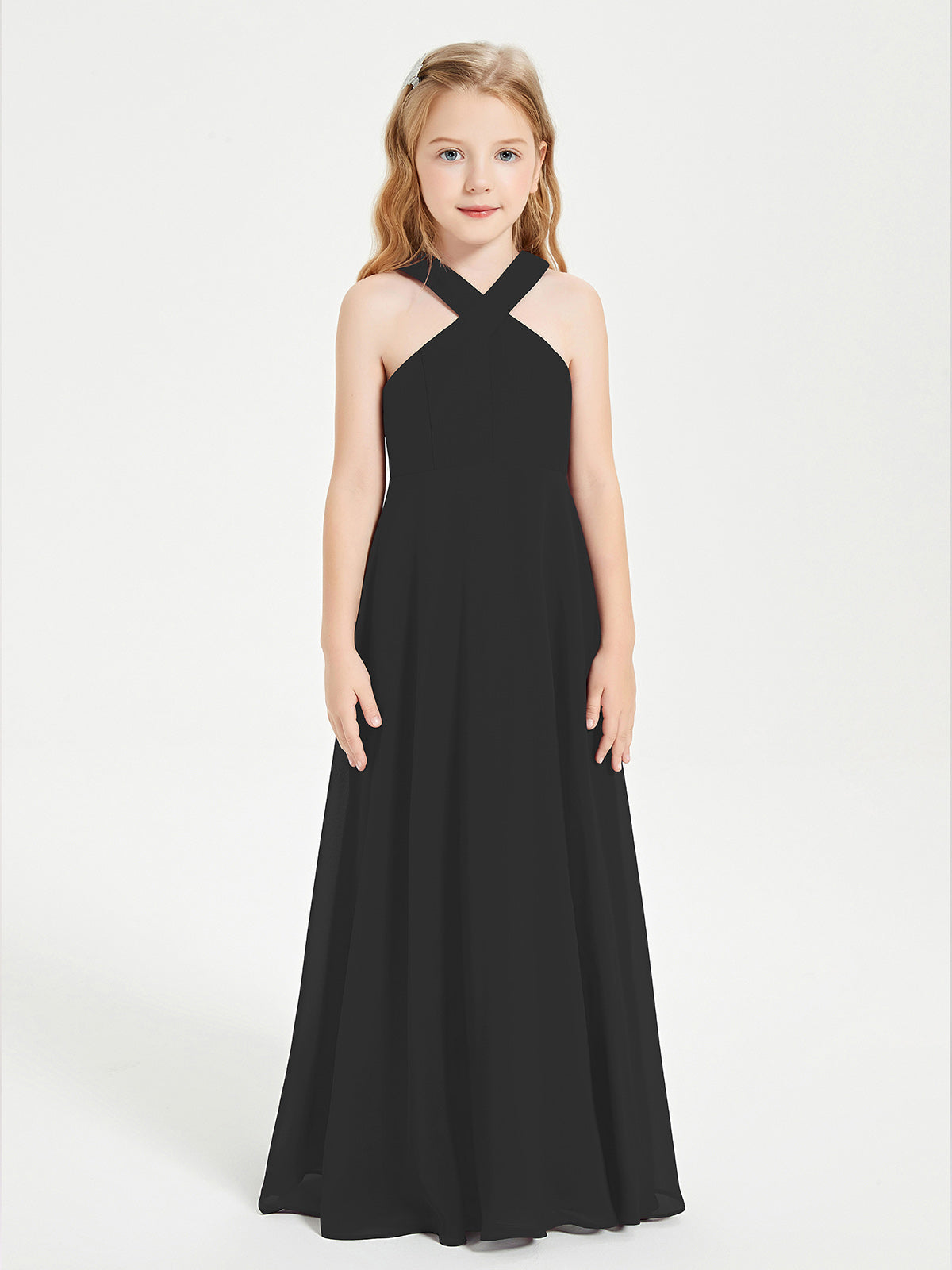 Grecian Neckline Long Dresses for Junior Bridesmaids Black